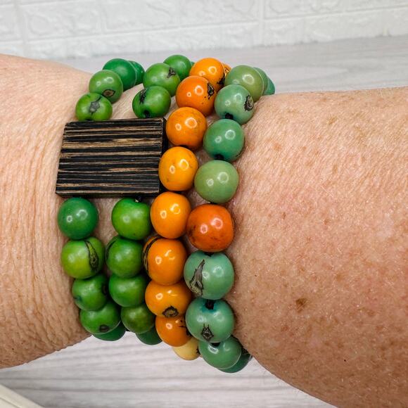Set of 3 Lucky Wooden Beads Bracelet Orange Green Elastic Fashion Protection - Picture 5 of 5